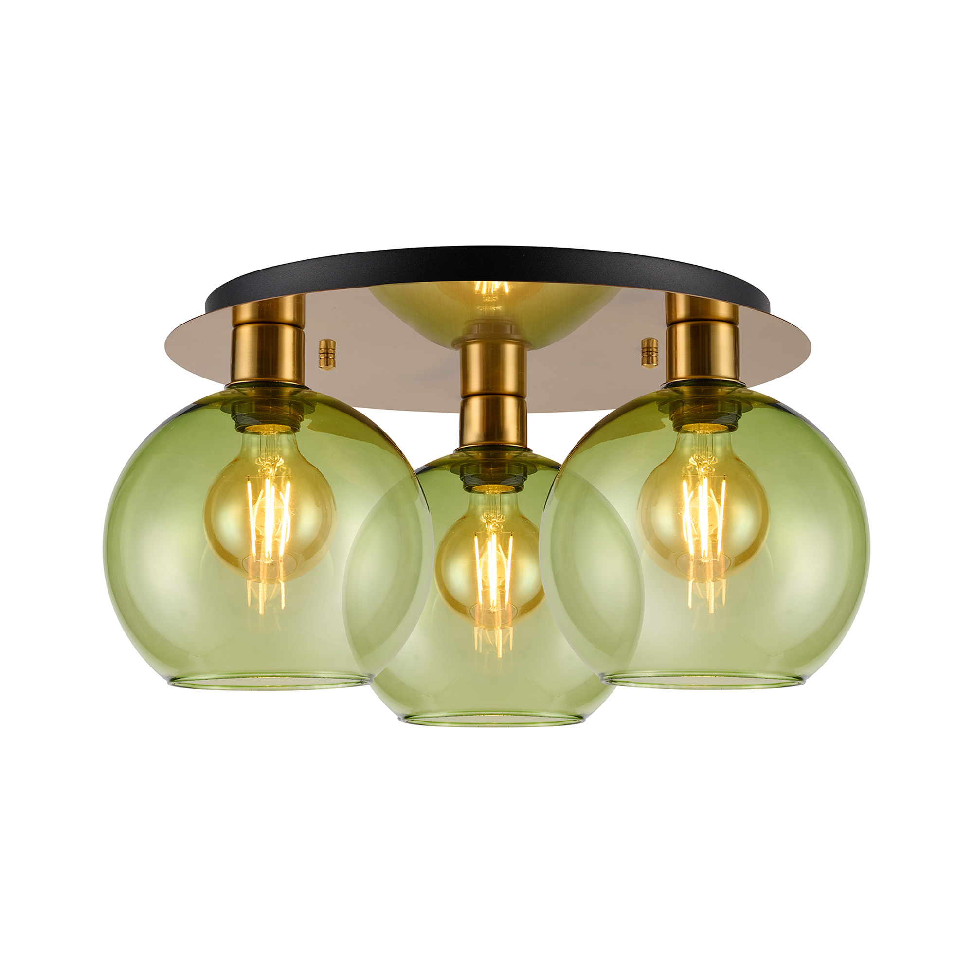 DK1249  Lori 40cm Round Ceiling Flush, 3 Light Flush Fitting, Antique Gold/Green Open Mouth Round Globe Shades
